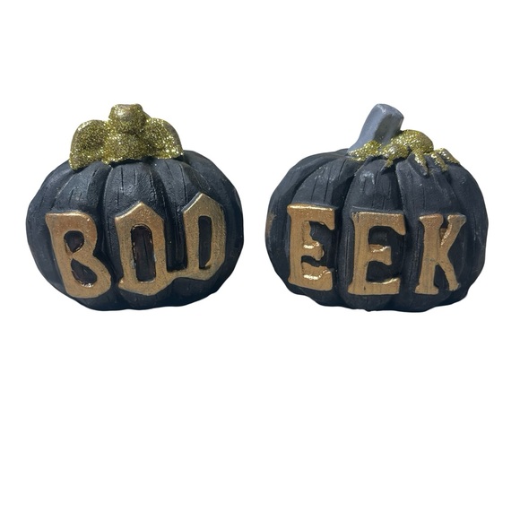 Boo Eek Black & Gold Pumpkin Set of 2 Concrete 4” x 3.5” Decor - Picture 1 of 14